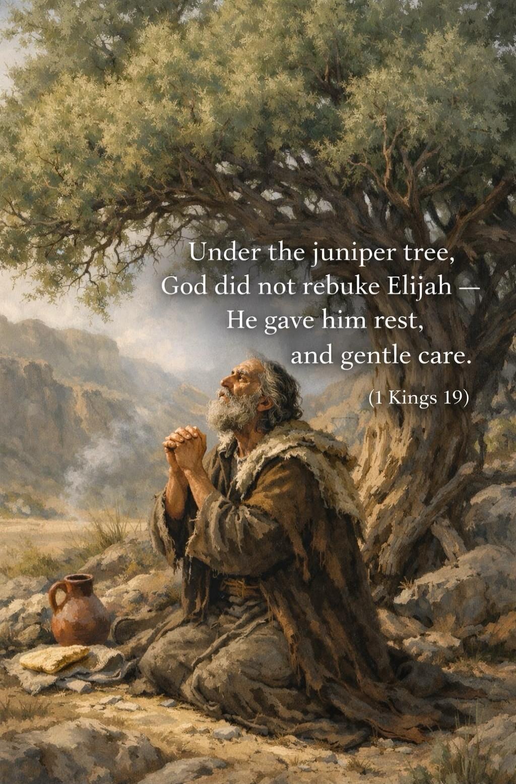 Under the juniper tree, God did not rebuke Elijah — He gave him rest, and gentle care. (1 Kings 19)