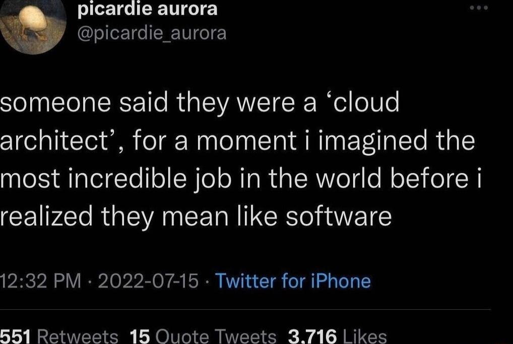icardie aurora 0 picardie_aurora ST IERCE e R EWAVT SRl o TU architect for a moment i imagined the most incredible job in the world before i realized they mean like software 1232 PM 2022 07 15 Twitter for iPhone BB1 Retweets 18 Quote Tweets 3716 Likes