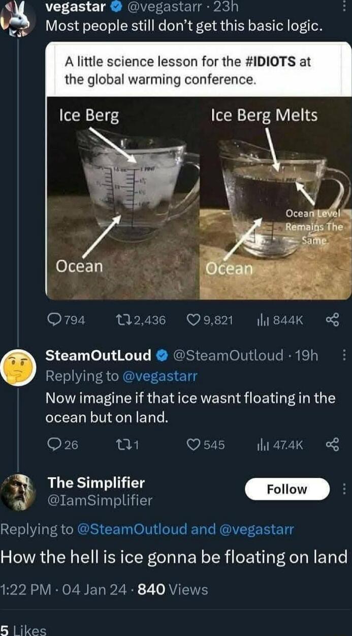 vegastar vegastarr 23h e Mostpeople still dont get this basic logic Alittle science lesson for the IDIOTS at the global warming conference SteamOutLoud SteamOutloud 19h Replying to vegastarr Now imagine if that ice wasnt floating in the ocean but on land Q26 k Q545 ihazak 3 The Simplifier eSS Replying to SteamOutloud and vegastarr How the hell is ice gonna be floating on land 122 PM 04 Jan 24 840 