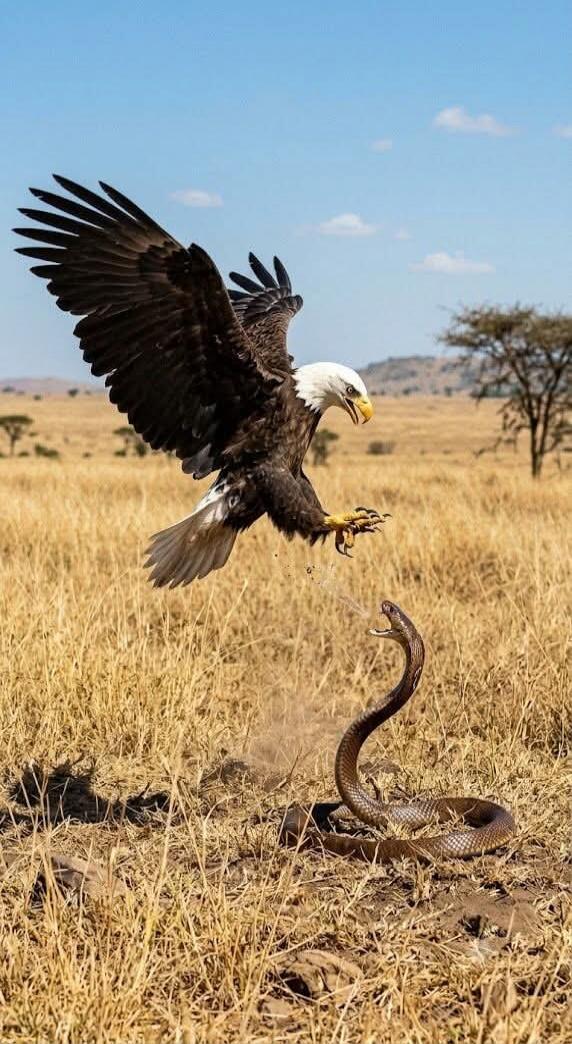 A bald eagle with outstretched wings and talons extended, attacking a cobra rearing up in a dry grassy field under a clear blue sky.
