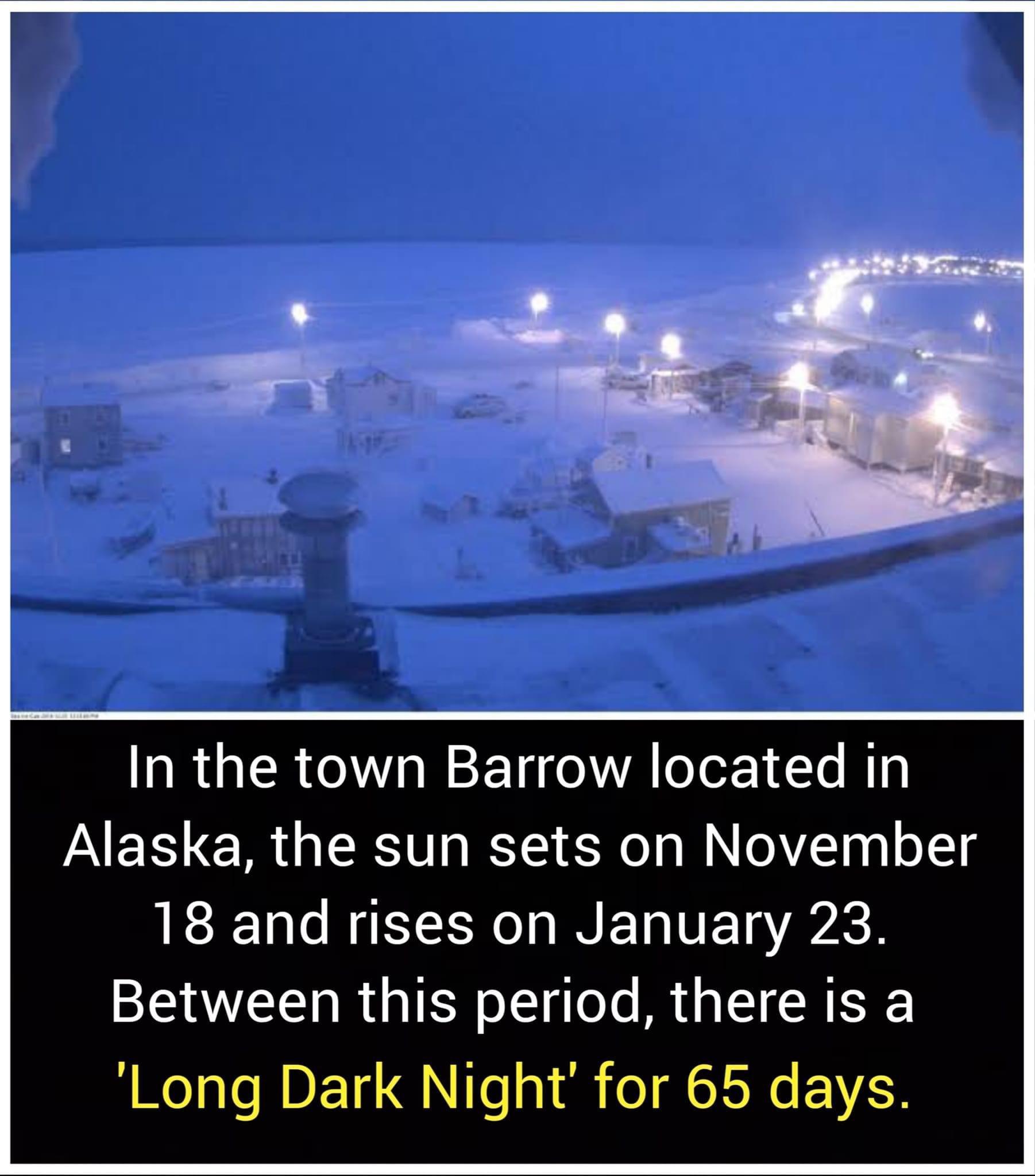 In the town Barrow located in Alaska the sun sets on November LEE L NECR O INELTE LR Between this period there is a Long Dark Night for 65 days