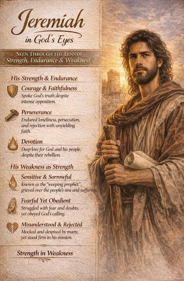Jeremiah in God's Eyes. Seen Through the Lens of Strength, Endurance & Weakness. His Strength & Endurance: Courage & Faithfulness - Spoke God's truth despite intense opposition. Perseverance - Endured loneliness, persecution, and rejection with unyielding faith. Devotion - Deep love for God and his people, despite their rebellion. His Weakness as S
