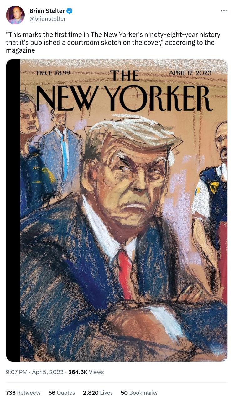 fan Stelter brianstel This marks the first time in The New Yorkers ninety eight thatits published a courtroom sketch on the cover according to the magazine 23 2646K Views 56Quotes 2820 Likes