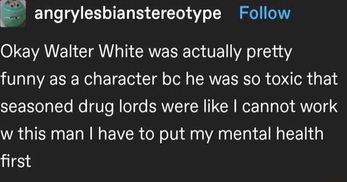 F angrylesbianstereotype Follow Okay Walter White was actually pretty VG IR ER R EIE 0 T ofoll s RN ER TR O R 14 seasoned drug lords were like cannot work w this man have to put my mental health first