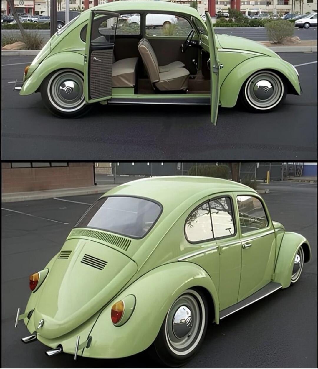 Photos of a light green classic Volkswagen Beetle with open doors showing the interior and a rear view.