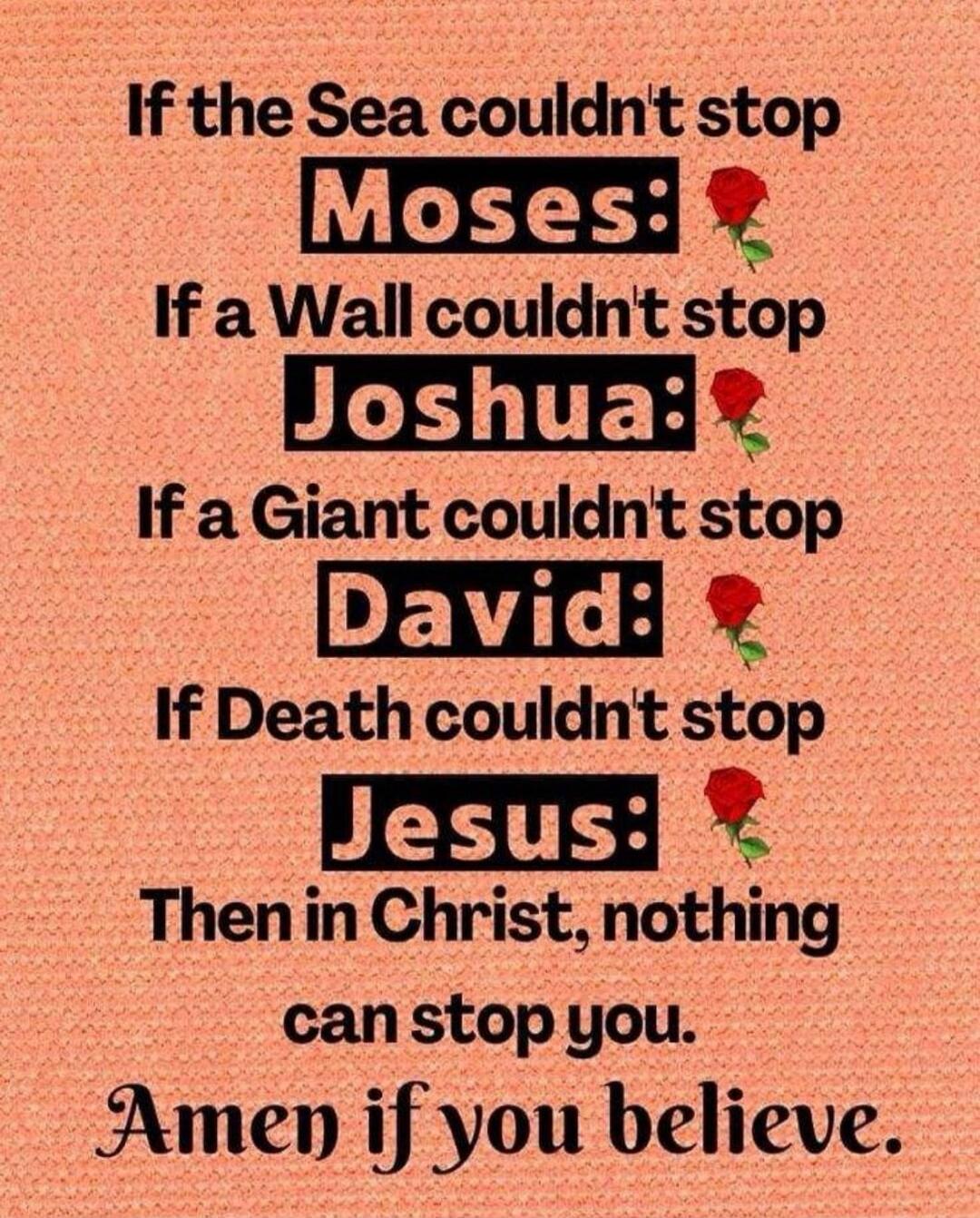 If the Sea couldn't stop Moses: If a Wall couldn't stop Joshua: If a Giant couldn't stop David: If Death couldn't stop Jesus: Then in Christ, nothing can stop you. Amen if you believe.