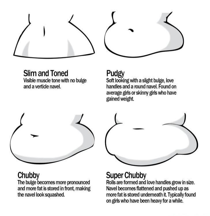 Slim and Toned: Visible muscle tone with no bulge and a vertical navel. Pudgy: Soft looking with a slight bulge, love handles and a round navel. Found on average girls or skinny girls who have gained weight. Chubby: The bulge becomes more pronounced and more fat is stored in front, making the navel look squashed. Super Chubby: Rolls are formed and 