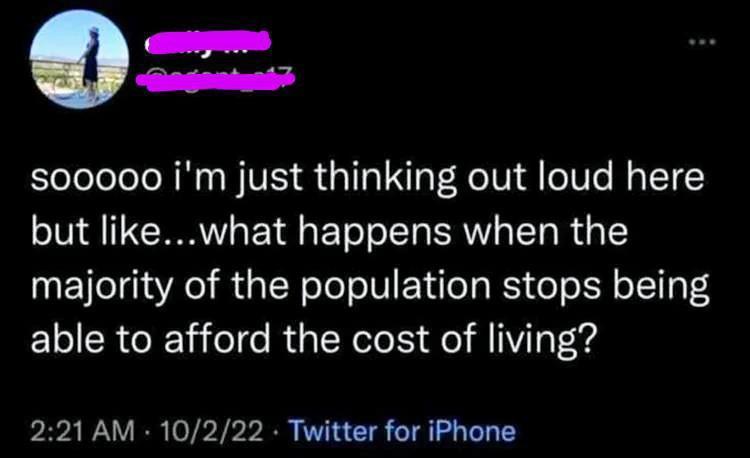 L agadienid 00000 im just thinking out loud here but likewhat happens when the majority of the population stops being able to afford the cost of living 221 AM 10222 Twitter for iPhone