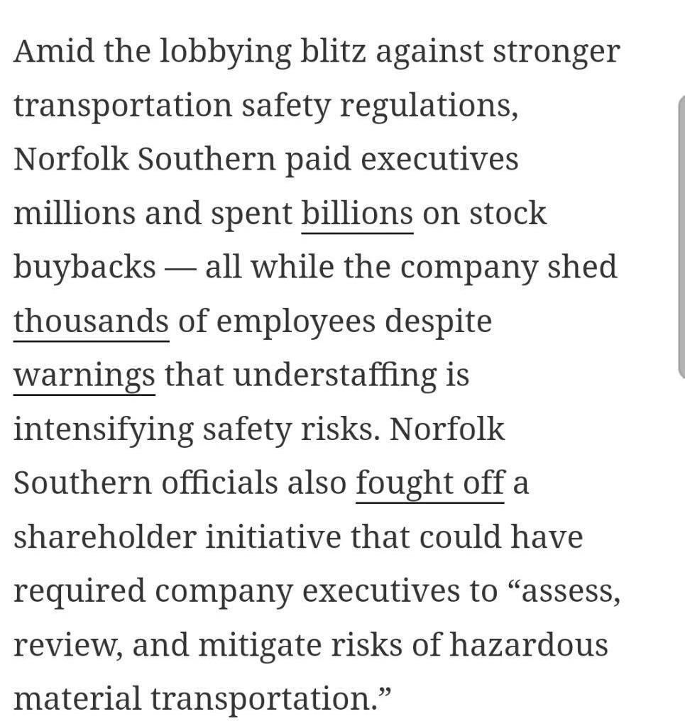 Amid the lobbying blitz against stronger transportation safety regulations Norfolk Southern paid executives millions and spent billions on stock buybacks all while the company shed thousands of employees despite warnings that understaffing is intensifying safety risks Norfolk Southern officials also fought off a shareholder initiative that could have required company executives to assess review an