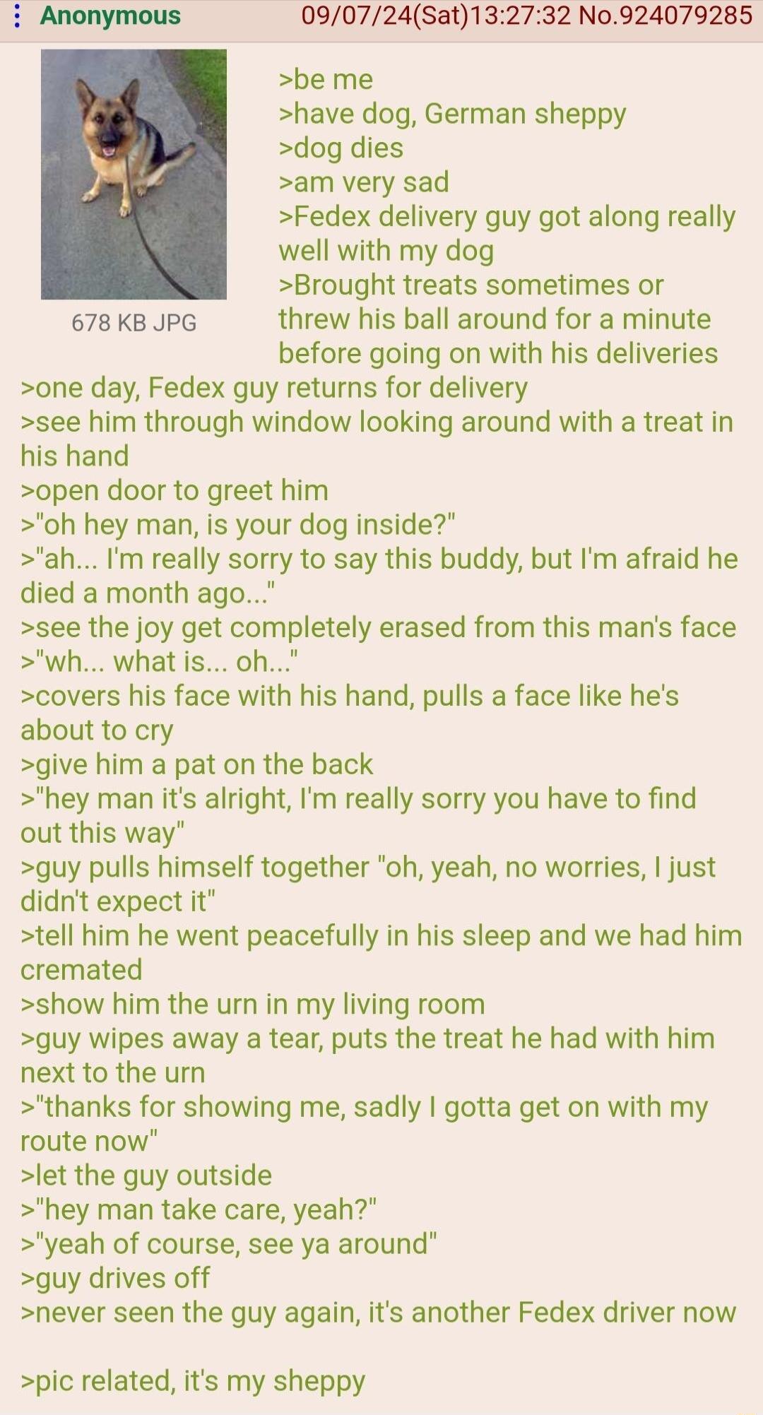 090724Sat132732 No924079285 be me have dog German sheppy dog dies am very sad Fedex delivery guy got along really well with my dog Brought treats sometimes or 678 KB JPG threw his ball around for a minute before going on with his deliveries one day Fedex guy returns for delivery see him through window looking around with a treat in his hand open door to greet him oh hey man is your dog inside ah I