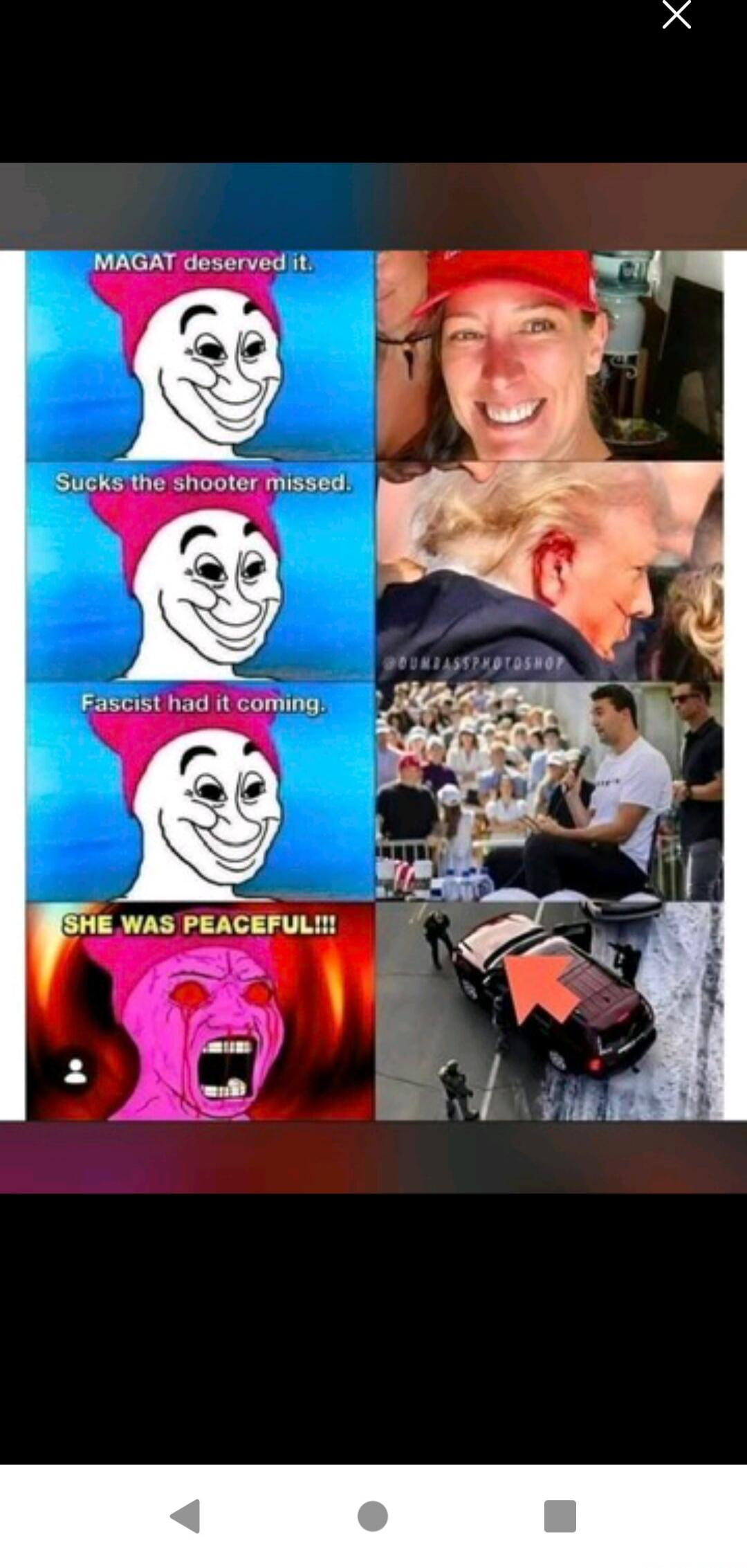 MAGAT deserved it. Sucks the shooter missed. Fascist had it coming. SHE WAS PEACEFUL!!!
