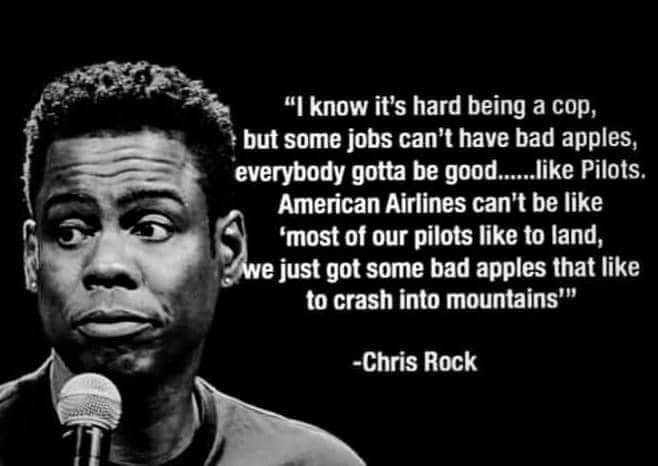 but some jobs cant have bad apples everybody gotta be goodlike Pilots American Airlines cant be like g most of our pilots like to land Pras know its hard being a cop e just got some bad apples that like to crash into mountains Chris Rock