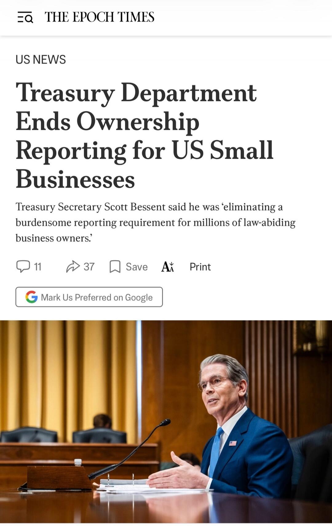 THE EPOCH TIMES US NEWS Treasury Department Ends Ownership Reporting for US Small Businesses Treasury Secretary Scott Bessent said he was 'eliminating a burdensome reporting requirement for millions of law-abiding business owners.' Mark Us Preferred on Google