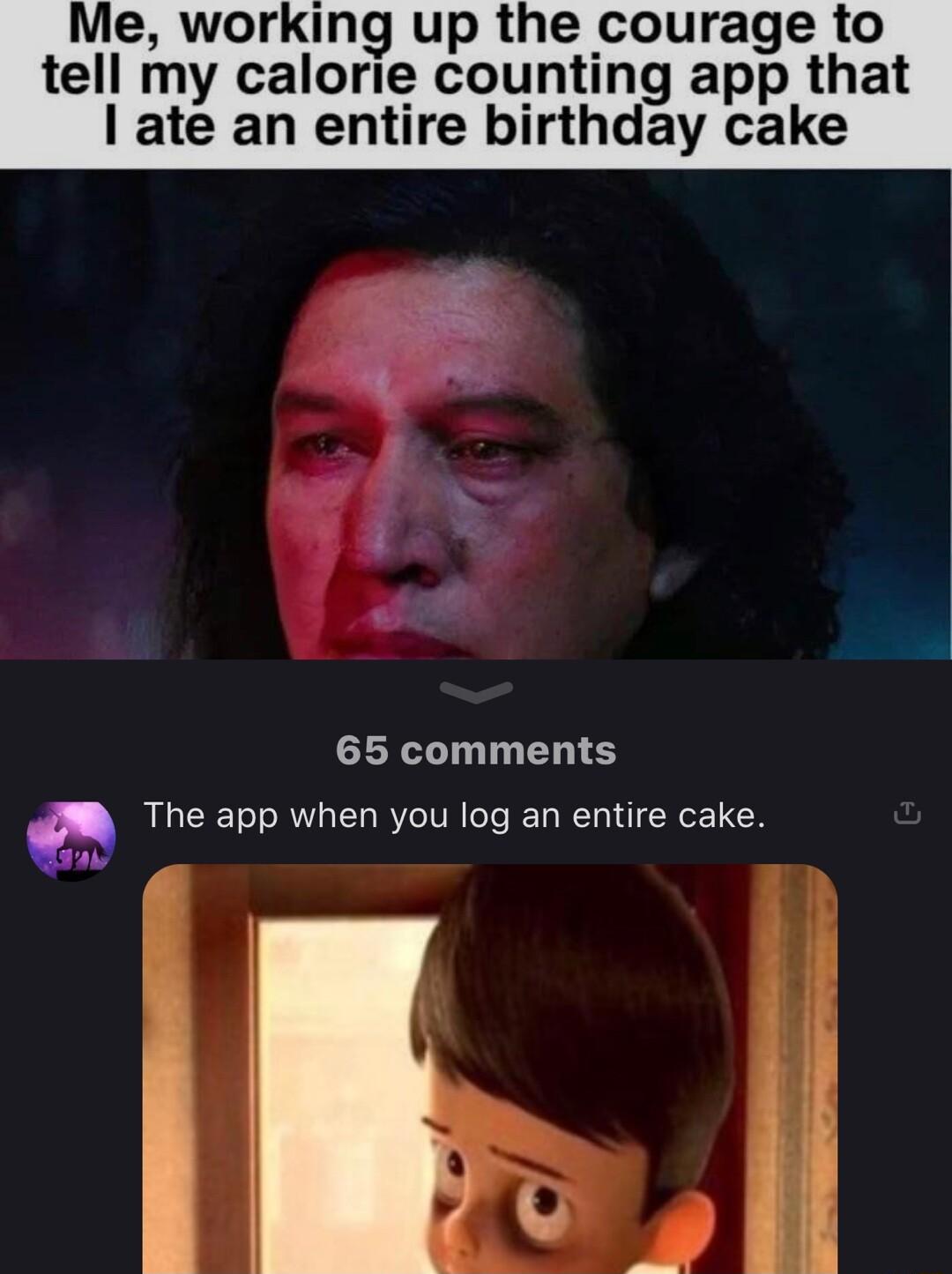 Me working up the courage to tell my calorie counting app that ate an entire birthday cake 65 comments a The app when you log an entire cake i