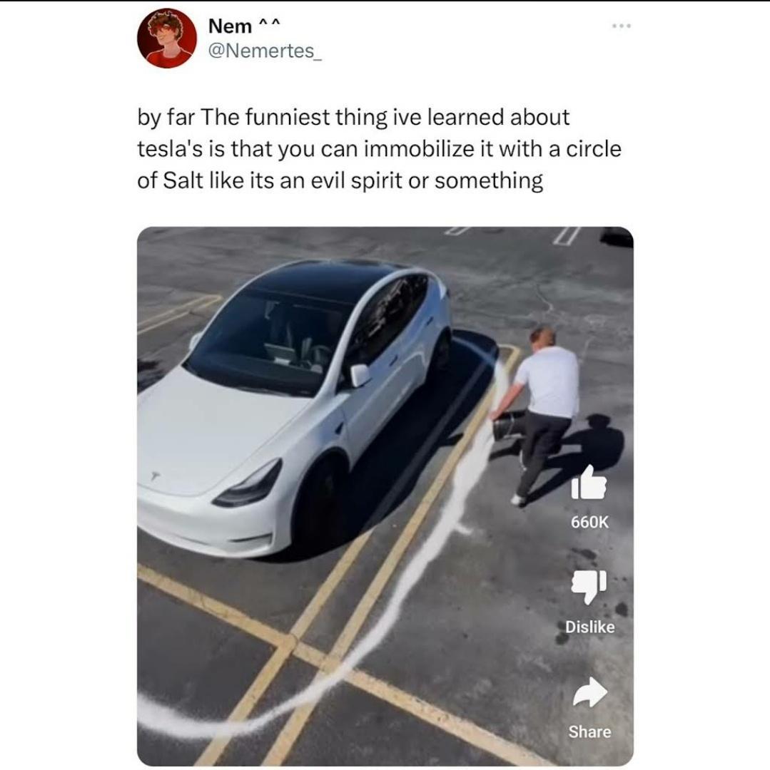 Nem Nemertes by far The funniest thing ive learned about teslas is that you can immobilize it with a circle of Salt like its an evil spirit or something