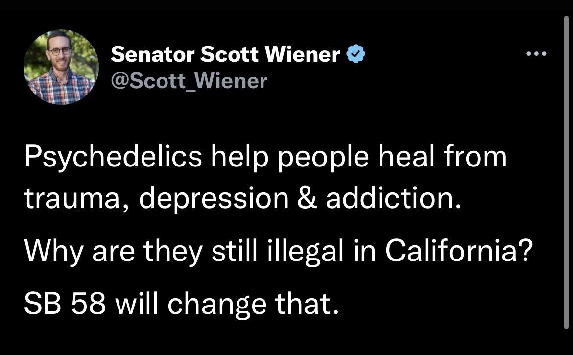 4 Senator Scott Wiener Scott Wiener Psychedelics help people heal from trauma depression addiction Why are they still illegal in California SB 58 will change that