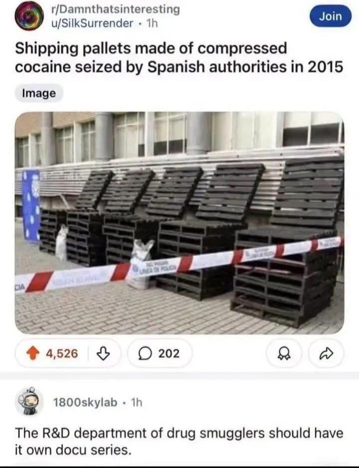 Shipping pallets made of compressed cocaine seized by Spanish authorities in 2015. The R&D department of drug smugglers should have its own docu series.