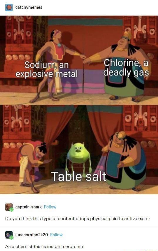 catchymemes Sodiugman Chlorineja explosivemetal deadly gas Tablesalt ceptain snark Do you think this type of content brings physical pain to ant nacomfanzizo hel