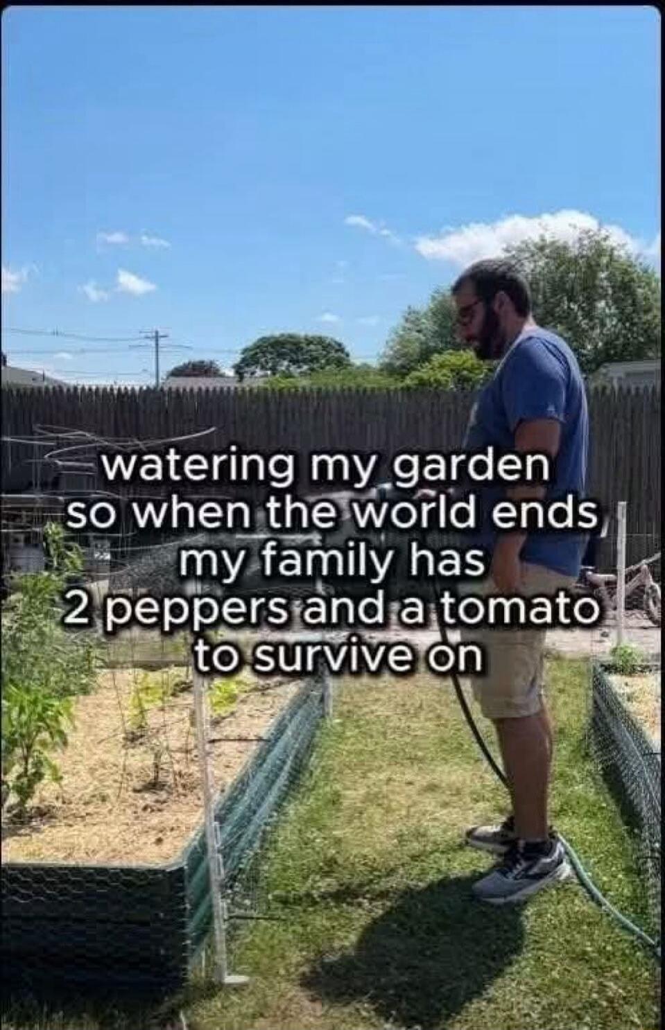 watering my garden so when the world ends, my family has 2 peppers and a tomato to survive on
