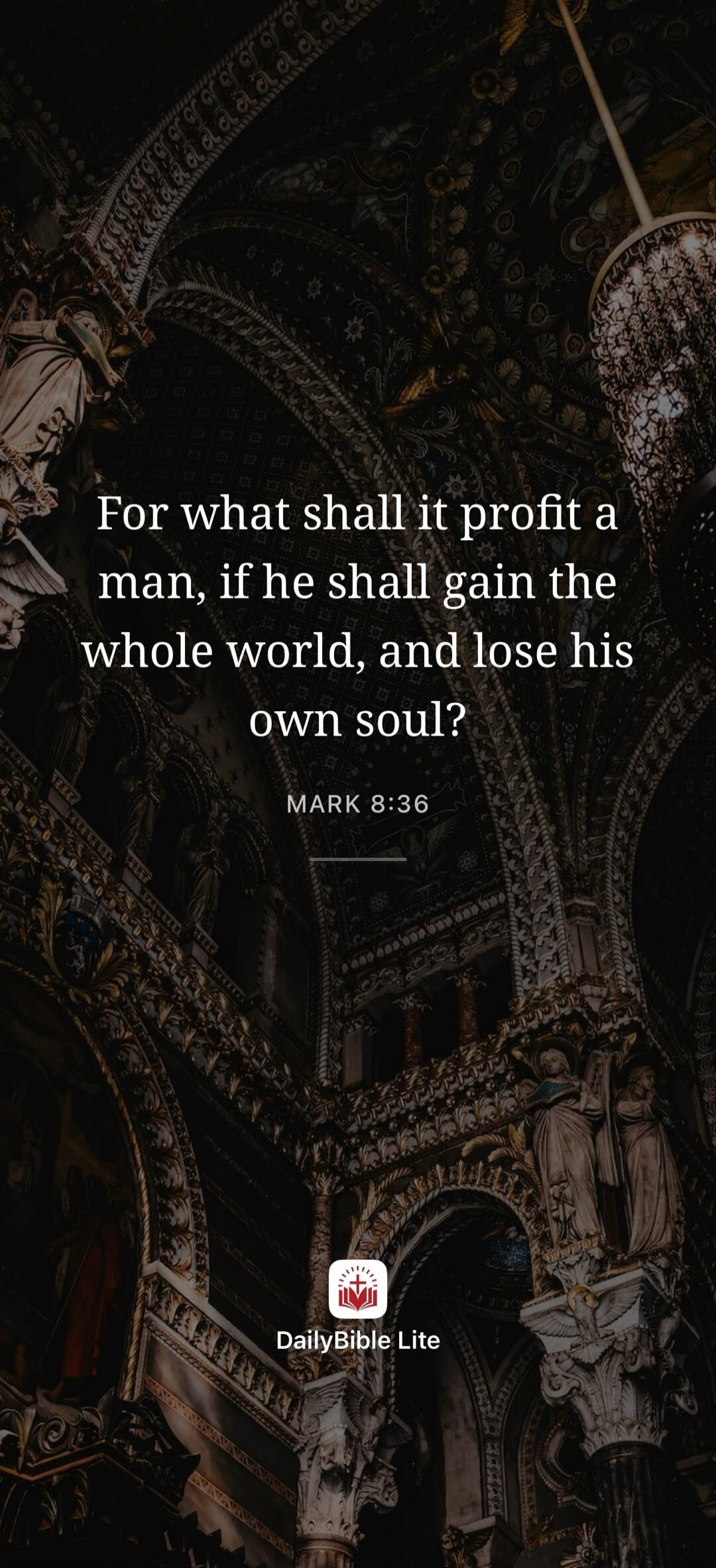 For what shall it profit a man, if he shall gain the whole world, and lose his own soul? MARK 8:36 DailyBible Lite