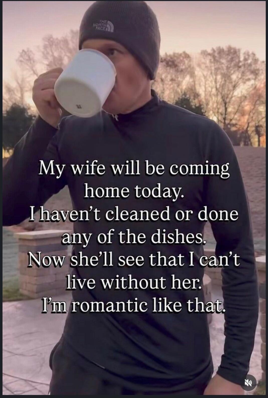 My wife will be coming home today. I haven't cleaned or done any of the dishes. Now she'll see that I can't live without her. I'm romantic like that.