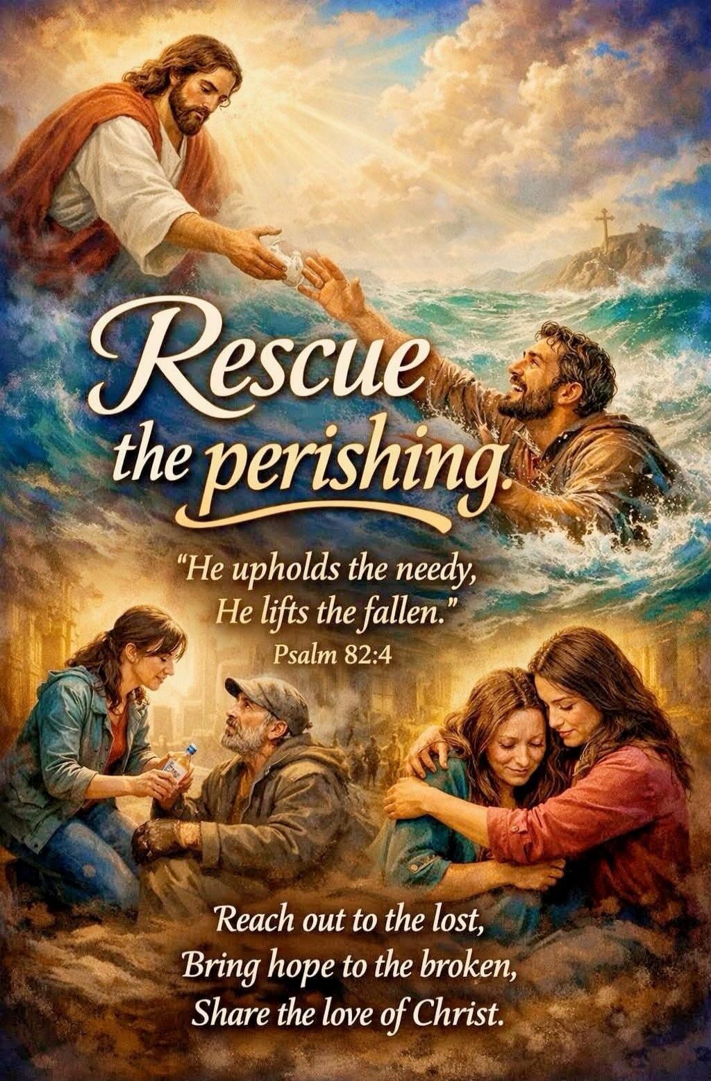 Rescue the perishing. He upholds the needy, He lifts the fallen. Psalm 82:4. Reach out to the lost, Bring hope to the broken, Share the love of Christ.