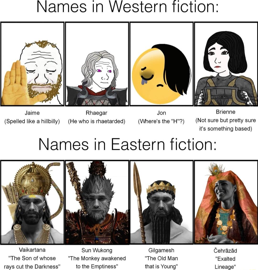 Names in Western fiction Jaime Rnssgar Jon Brionne Spolld ko aibily Ho whos hastarded Whares heH7 ot sure butprety sure its something based Names in Eastern fiction Vakartana Sun ikong Gigamesn Corvazaa The Son ol whose The Morkey auakensd The Ol Man Exated rmcuitheDainess 101he Empinese P Lineage