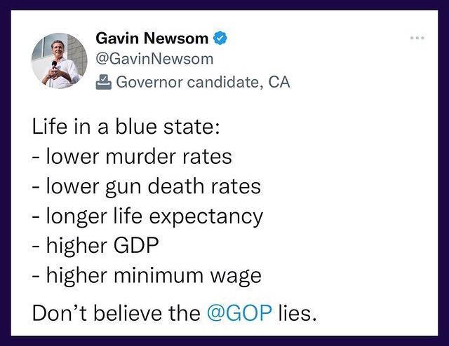Gavin Newsom GavinNewsom Governor candidate CA Life in a blue state lower murder rates lower gun death rates longer life expectancy higher GDP higher minimum wage Dont believe the GOP lies