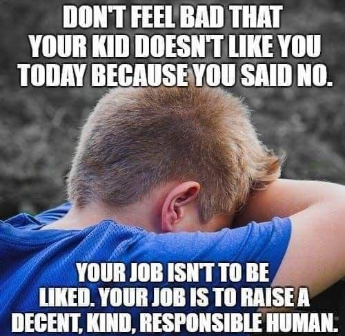 DONT FEEL BAD THAT YOUR KID DOESNTILIKE YOU TODAY BECAUSEYOU SAID NO i i o V YOUR JOB ISNT TO BE LIKED YOUR JOB IS TO RRISEA DEGENT KIND RESPONSIBLE HUMAN