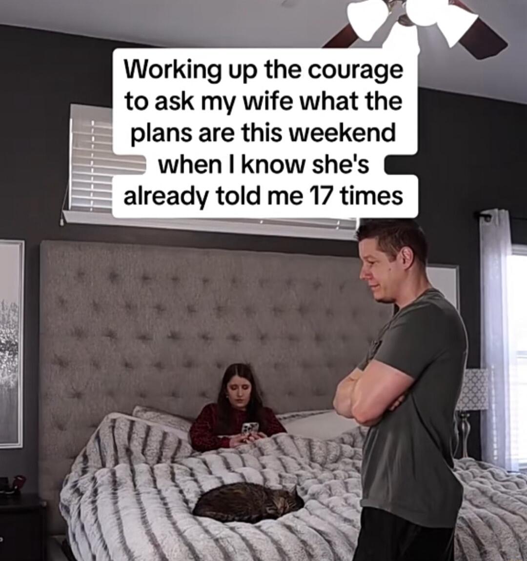 o5 Working up the courage to ask my wife what the plans are this weekend when know shes already told me 17 times