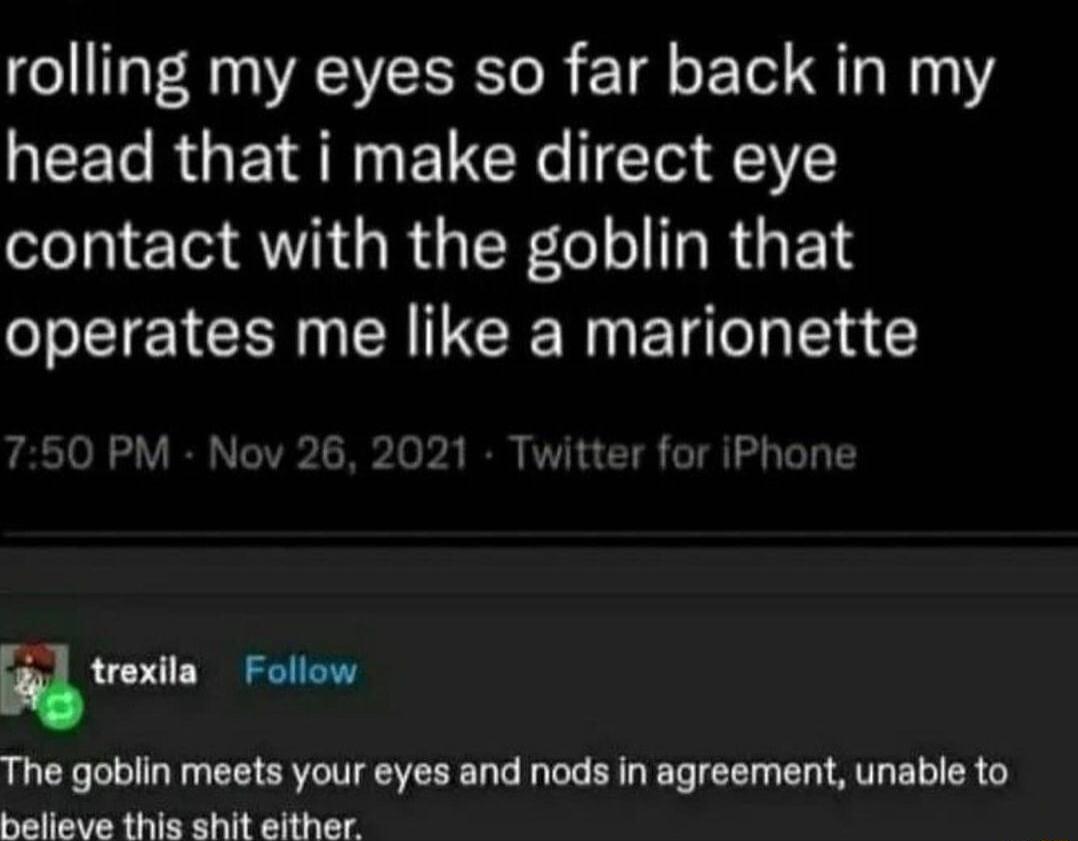 rolling my eyes so far back in my EET R GET AR ELCY T R contact with the goblin that operates me like a marionette PM Nov 26 2021 Twitter for iPhone Rtum Follow The goblin meets your eyes and nods in agreement unable to believe this shit either