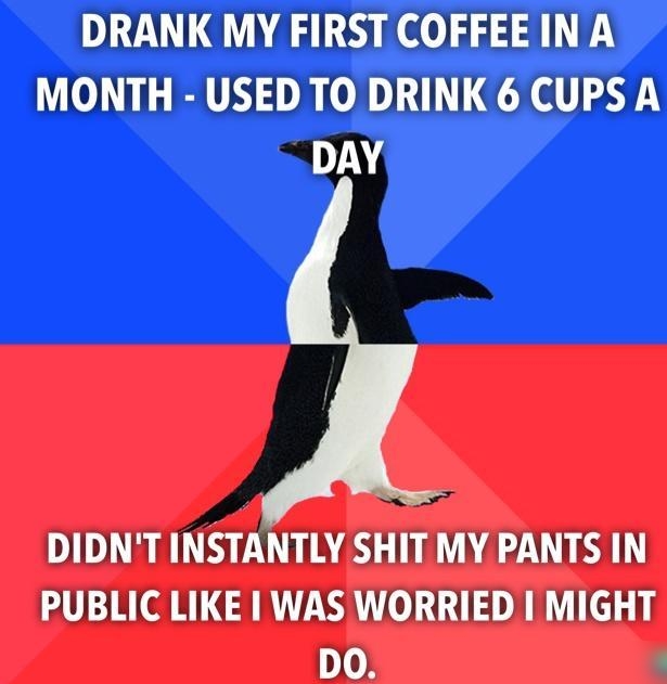 DRANK MY FIRST COFFEE IN A MONTH USED TO DRINK 6 CUPS A DAY DIDNT INSTANTLY SHIT MY PANTS IN PUBLIC LIKE WAS WORRIED MIGHT DO
