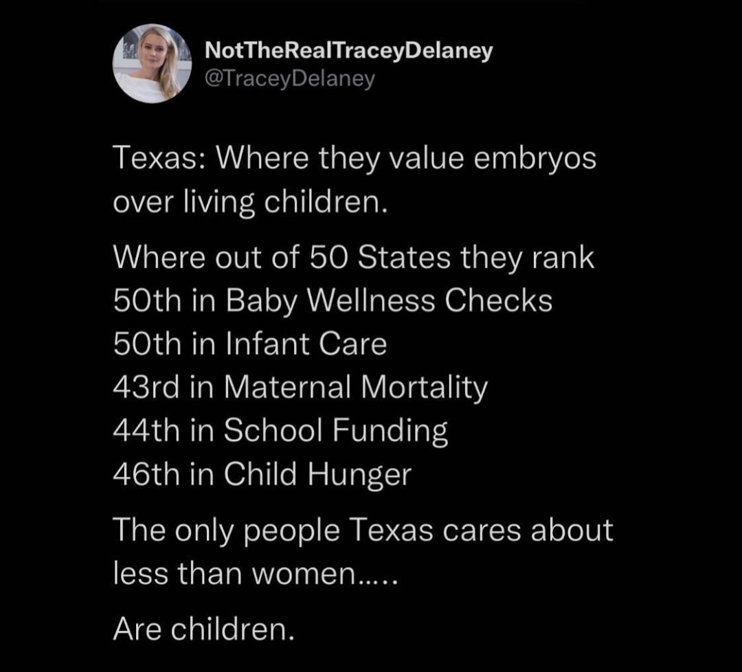 4 L EE TE Y D L BT T IS LIET W IR CICRGEVAE VERT loJgY el OVETAINi at NelaliloTaM Where out of 50 States they rank 50th in Baby Wellness Checks 50th in Infant Care 43rd in Maternal Mortality 44th in School Funding 46th in Child Hunger The only people Texas cares about less than women JANXelall e 120