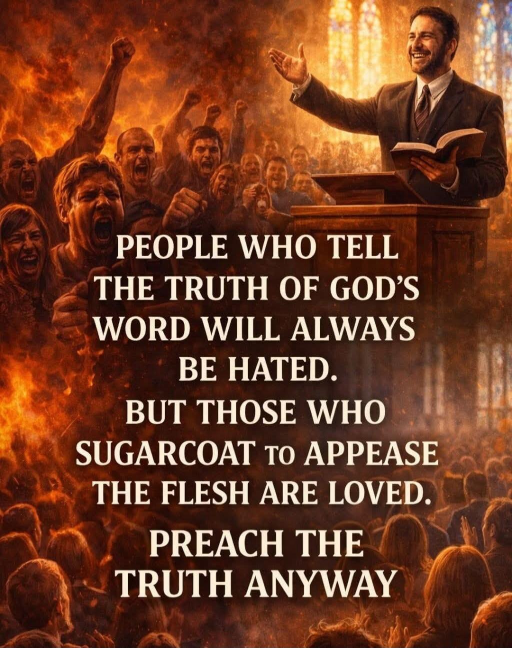 PEOPLE WHO TELL THE TRUTH OF GOD'S WORD WILL ALWAYS BE HATED. BUT THOSE WHO SUGARCOAT TO APPEASE THE FLESH ARE LOVED. PREACH THE TRUTH ANYWAY.