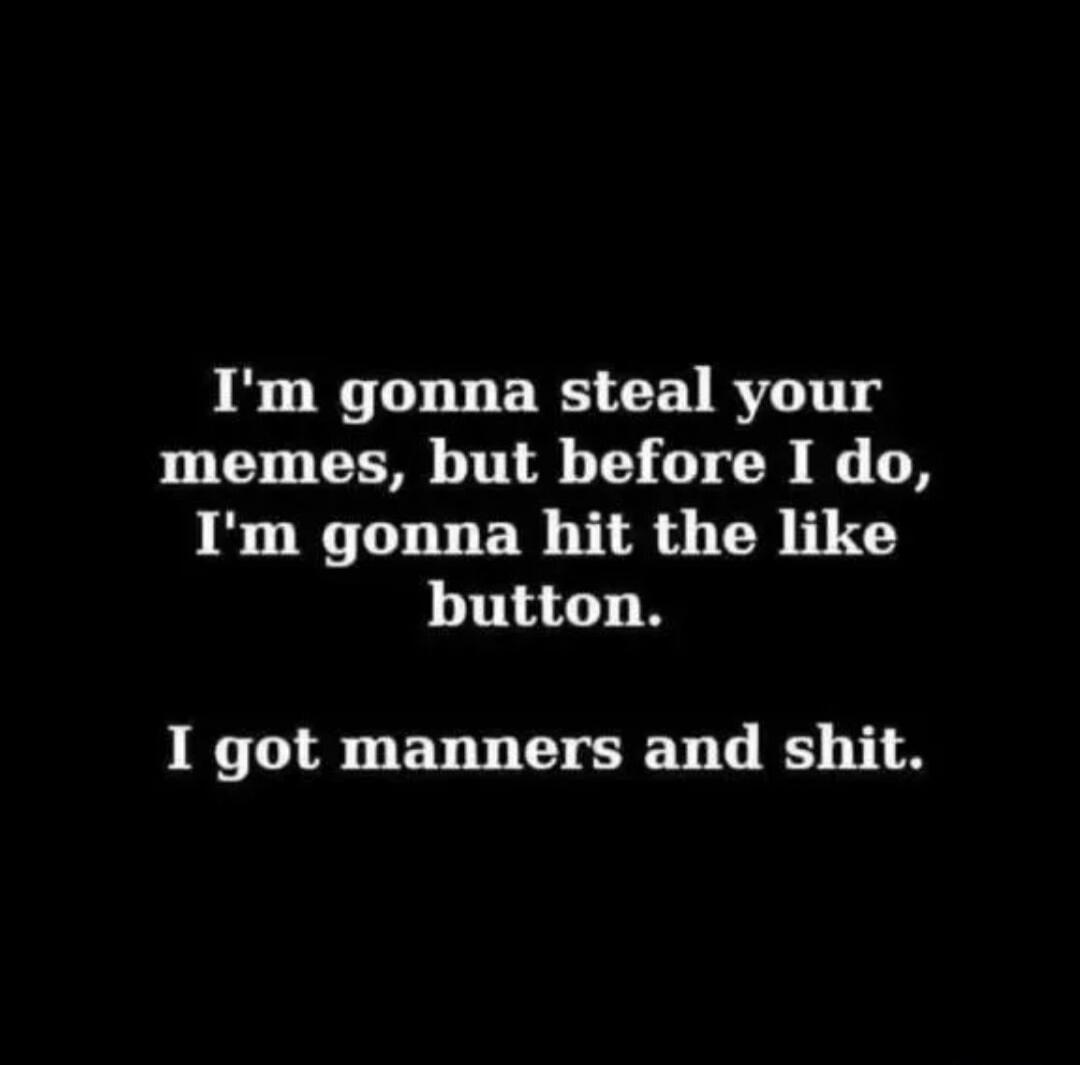 I'm gonna steal your memes, but before I do, I'm gonna hit the like button. I got manners and shit.