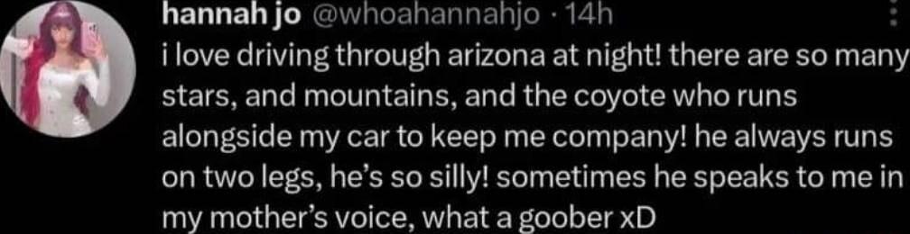 hannah jo whoahannahjo 14h ilove driving through arizona at night there are so many stars and mountains and the coyote who runs alongside my car to keep me company he always runs on two legs hes sosilly sometimes he speaks tomein my mothers voice what a goober xD
