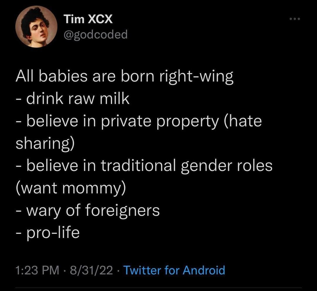 Tim XCX godcoded All babies are born right wing drink raw milk believe in private property hate sharing believe in traditional gender roles want mommy wary of foreigners pro life 123 PM 83122 Twitter for Android RN x P RERTEEICR P ROV ER NEEIEN No 2 RREESS