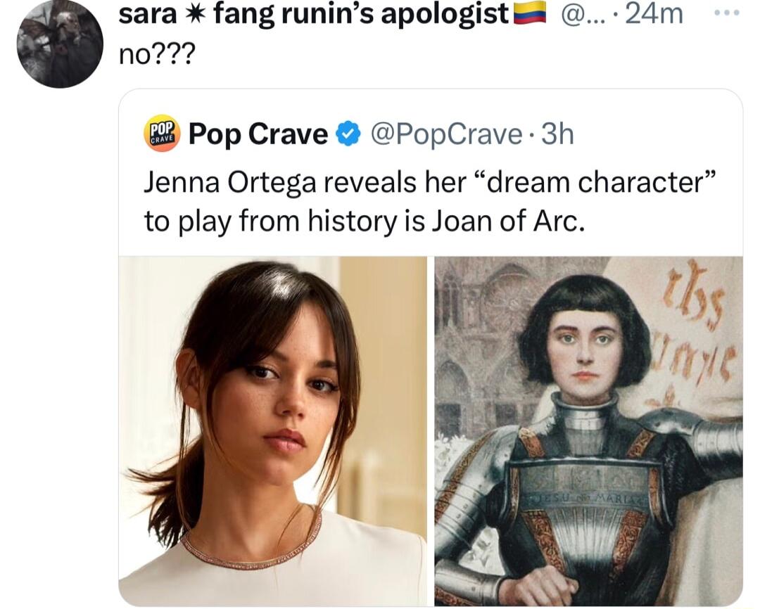 sara fang runins apologistes 24m no Pop Crave PopCrave 3h Jenna Ortega reveals her dream character to play from history is Joan of Arc