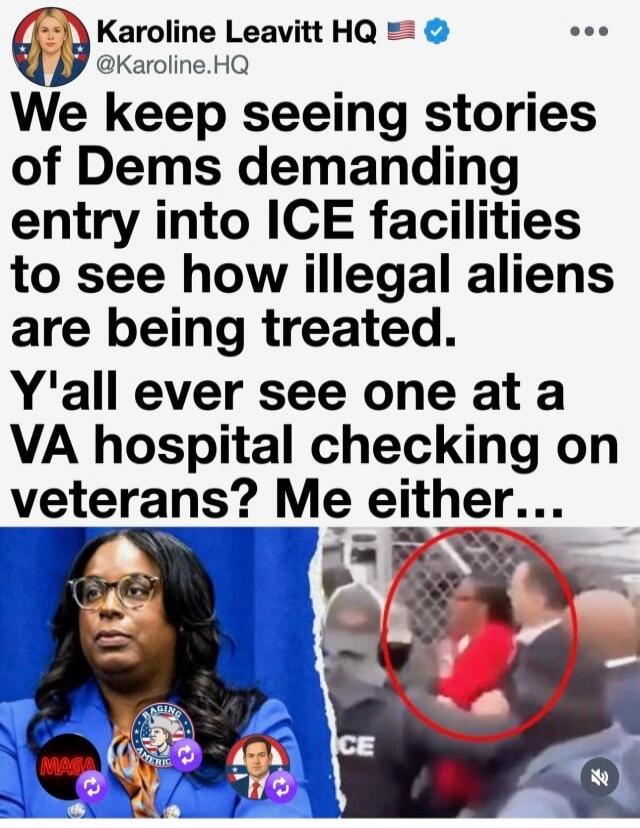 Karoline Leavitt HQ @Karoline.HQ We keep seeing stories of Dems demanding entry into ICE facilities to see how illegal aliens are being treated. Y'all ever see one at a VA hospital checking on veterans? Me either... MAGA RAGING AMERICAN ICE