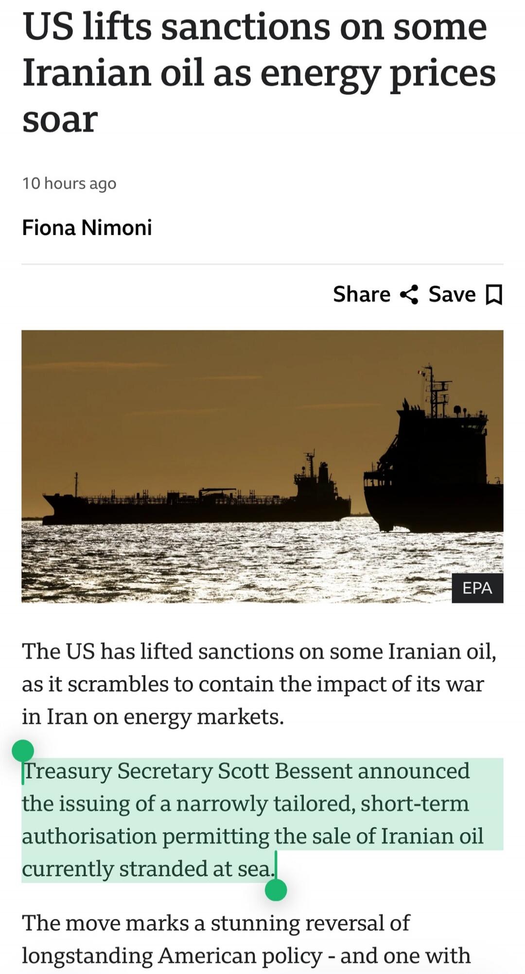 US lifts sanctions on some Iranian oil as energy prices soar
10 hours ago
Fiona Nimoni
Share Save
EPA
The US has lifted sanctions on some Iranian oil, as it scrambles to contain the impact of its war in Iran on energy markets.
Treasury Secretary Scott Bessent announced the issuing of a narrowly tailored, short-term authorisation permitting the sale