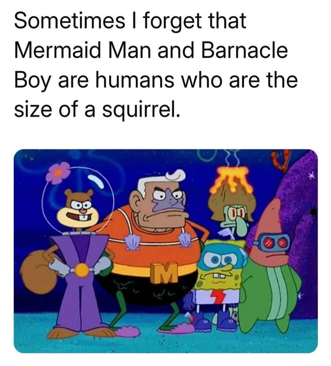 Sometimes forget that Mermaid Man and Barnacle Boy are humans who are the size of a squirrel