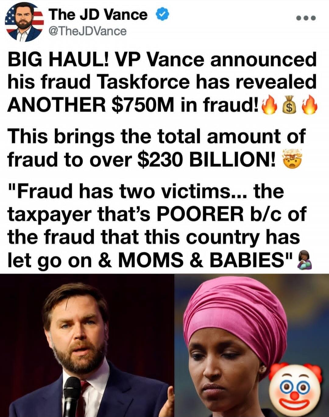 The JD Vance @TheJDVance BIG HAUL! VP Vance announced his fraud Taskforce has revealed ANOTHER $750M in fraud! This brings the total amount of fraud to over $230 BILLION! 