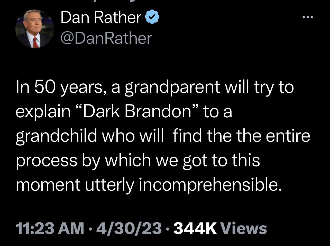 Dan Rather PELEGET R RSIORVETEREF e TaTe o TeTa AU R 4VA o explain Dark Brandon to a grandchild who will find the the entire process by which we got to this moment utterly incomprehensible 1123 AM 43023 344K Views