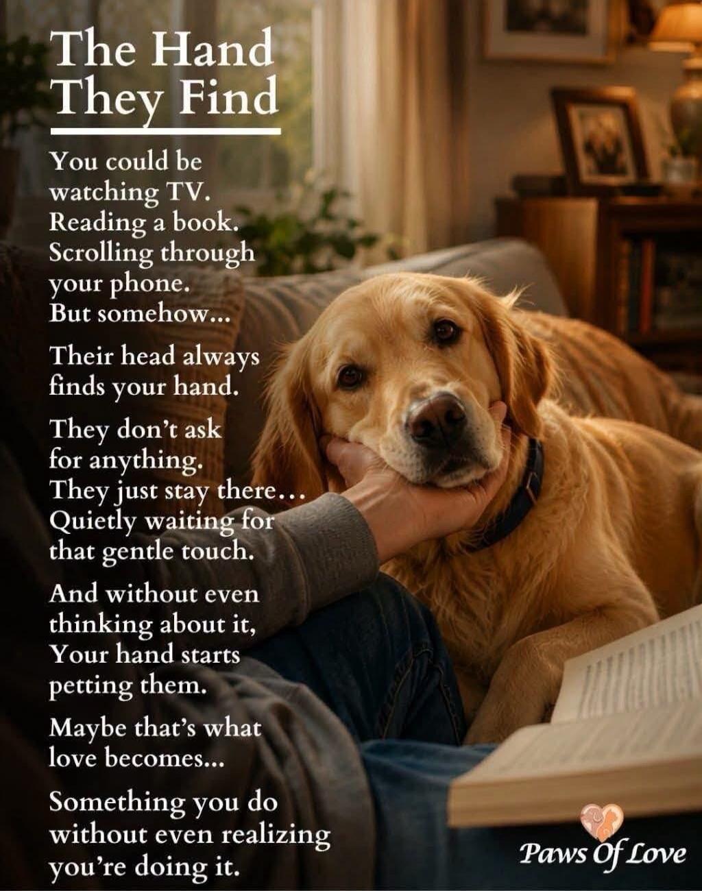 The Hand They Find You could be watching TV. Reading a book. Scrolling through your phone. But somehow... Their head always finds your hand. They don't ask for anything. They just stay there... Quietly waiting for that gentle touch. And without even thinking about it, Your hand starts petting them. Maybe that's what love becomes... Something you do