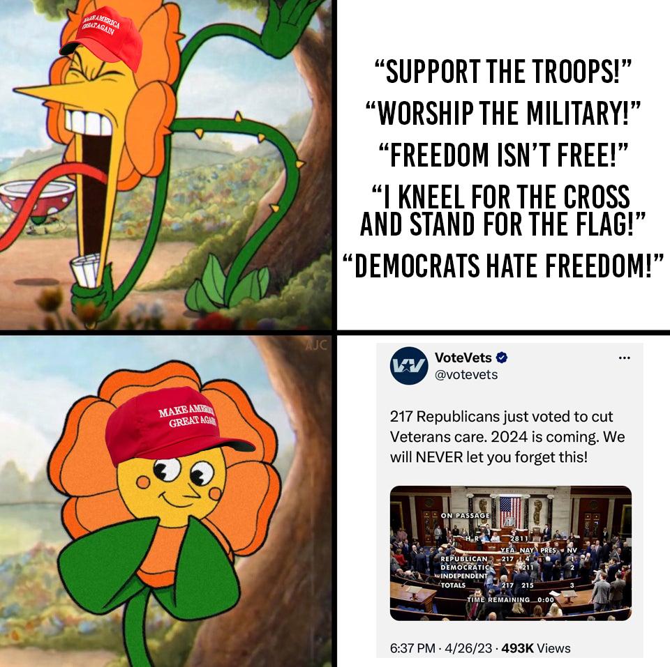 SUPPORT THE TROOPS WORSHIP THE MILITARY FREEDOM ISNT FREE KNEEL FOR THE CROSS AND STAND FOR THE FLAG DEMOCRATS HATE FREEDOM Votevets 217 Republicans ust voted to cut Veterans care 2024 s coming We Wil NEVER et you forget tis 37972023 493K Vs