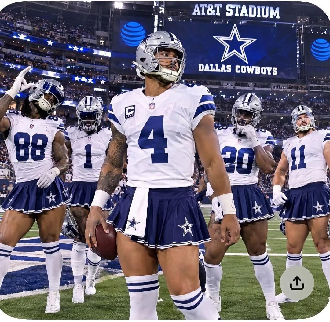 AT&T STADIUM DALLAS COWBOYS. Football players wearing cheerleading skirts.