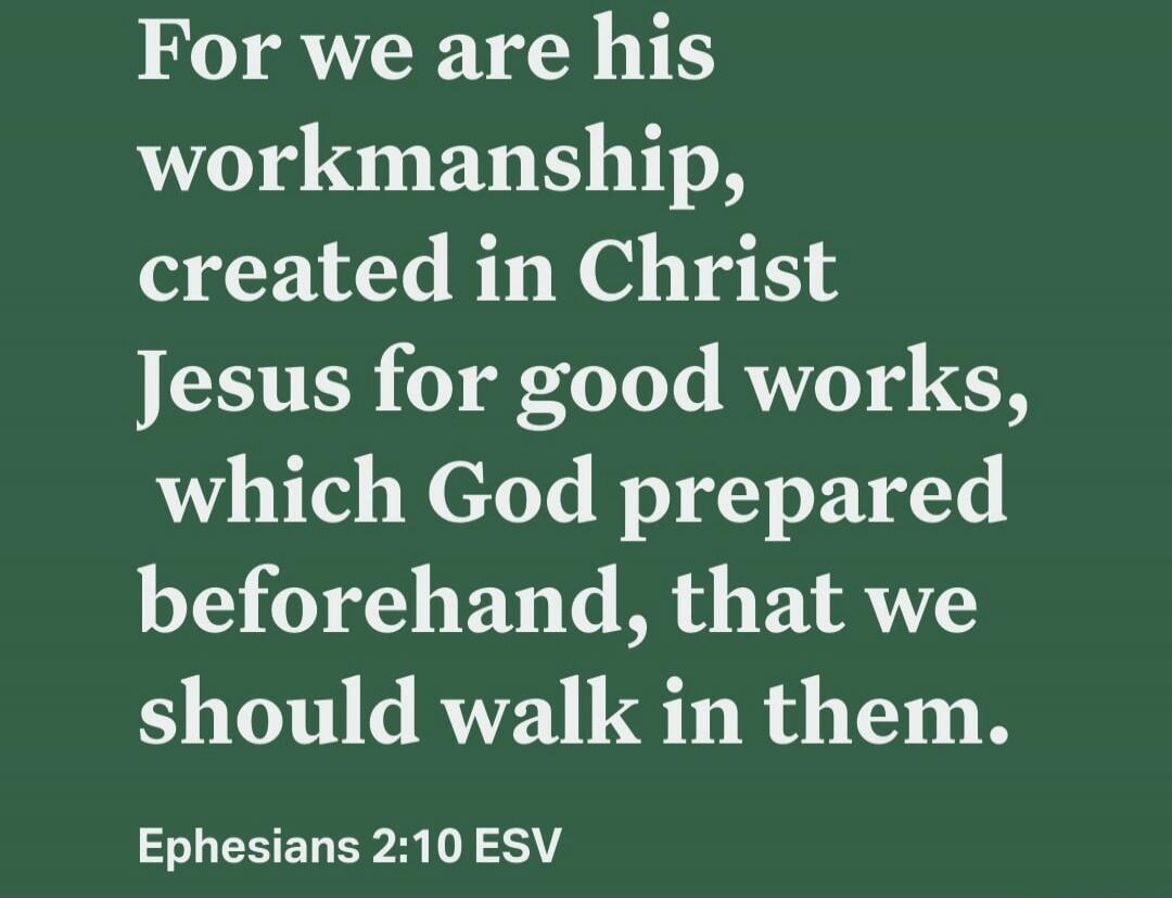 For we are his workmanship, created in Christ Jesus for good works, which God prepared beforehand, that we should walk in them. Ephesians 2:10 ESV