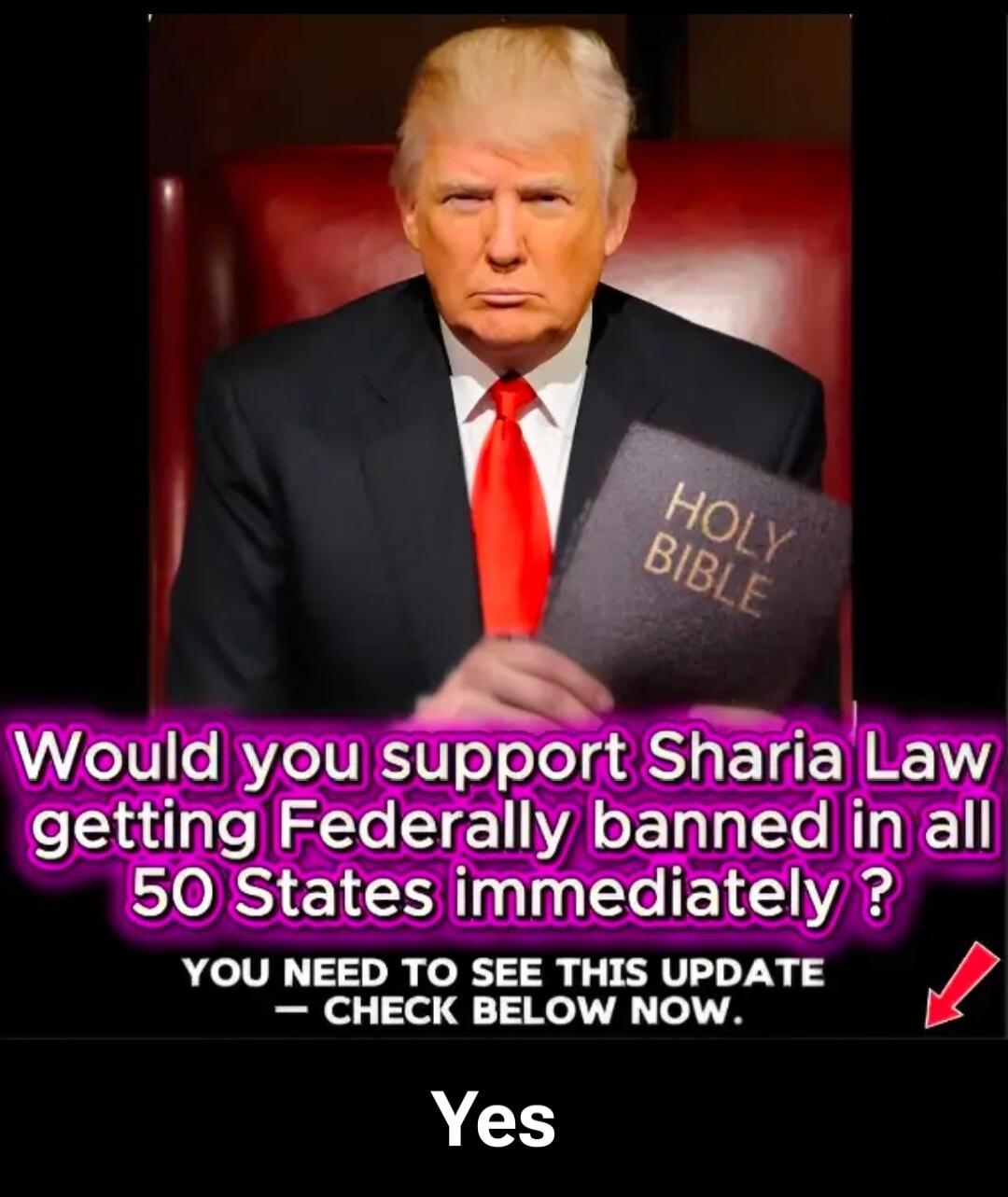 Donald Trump holding a Holy Bible. The text asks: 