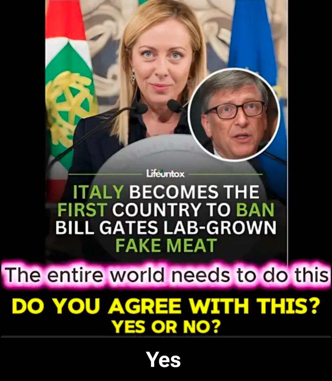 ITALY BECOMES THE FIRST COUNTRY TO BAN BILL GATES LAB-GROWN FAKE MEAT
The entire world needs to do this
DO YOU AGREE WITH THIS? YES OR NO?
Yes