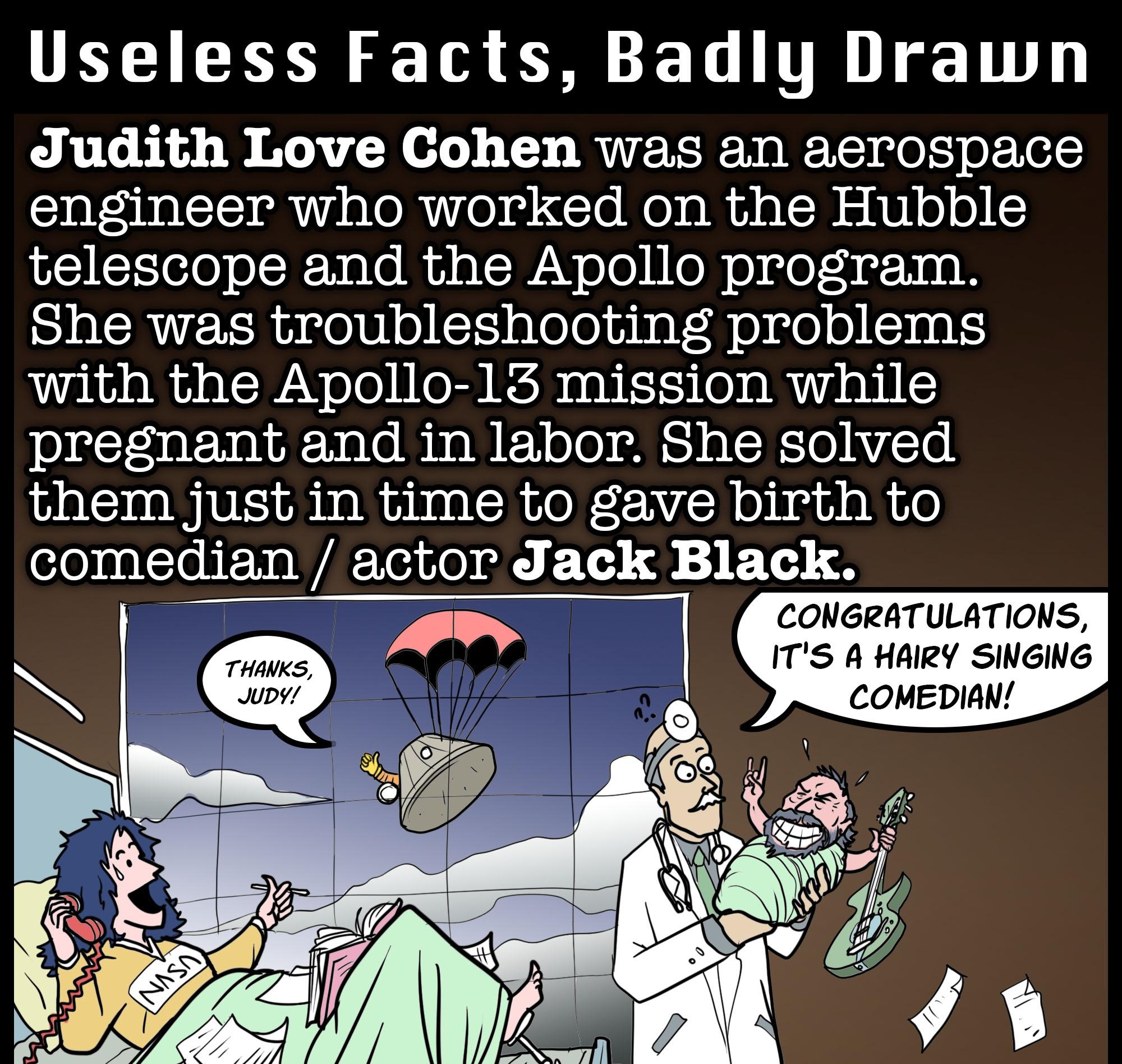 UELIEEN S T L TR 11T Judith Love Cohen was an aerospace engineer who worked on the Hubble telescope and the Apollo program She was troubleshooting problems with the Apollo 13 mission while pregnant and in labor She solved them just in time to gave birth to ITS A HAIRY SING COMEDIAN